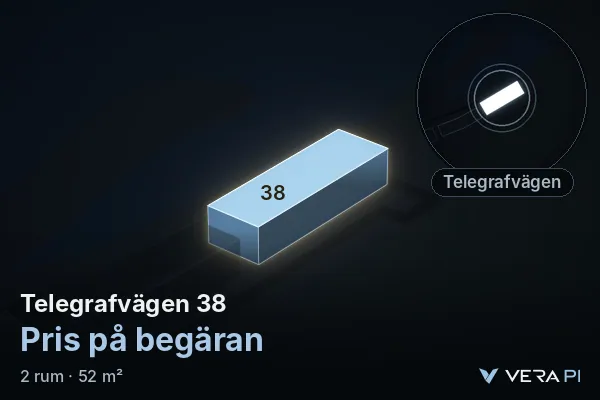 VERA PI:s bild av Telegrafvägen 38: huset i 3D, upplyst i blått, och kartan runt omkring