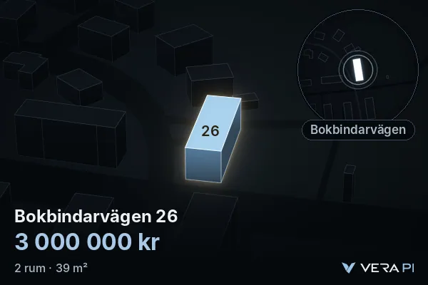 VERA PI's image of Bokbindarvägen 26: the building in 3D, lit in blue, and the map around it