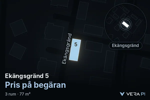 VERA PI's image of Ekängsgränd 5: the building in 3D, lit in blue, and the map around it