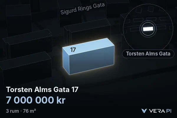 VERA PI's image of Torsten Alms Gata 17: the building in 3D, lit in blue, and the map around it