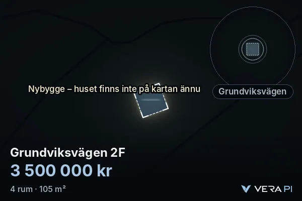 VERA PI:s bild av Grundviksvägen 2F: huset i 3D, upplyst i blått, och kartan runt omkring