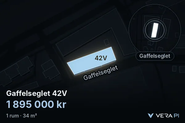 VERA PI:s bild av Gaffelseglet 42V: huset i 3D, upplyst i blått, och kartan runt omkring