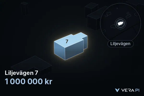 VERA PI's image of Liljevägen 7: the building in 3D, lit in blue, and the map around it