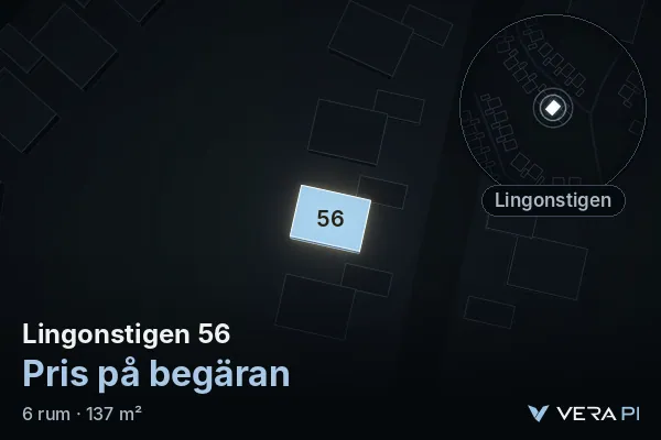 VERA PI's image of Lingonstigen 56: the building in 3D, lit in blue, and the map around it