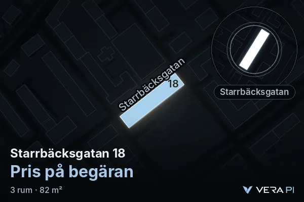 VERA PI:s bild av Starrbäcksgatan 18: huset i 3D, upplyst i blått, och kartan runt omkring