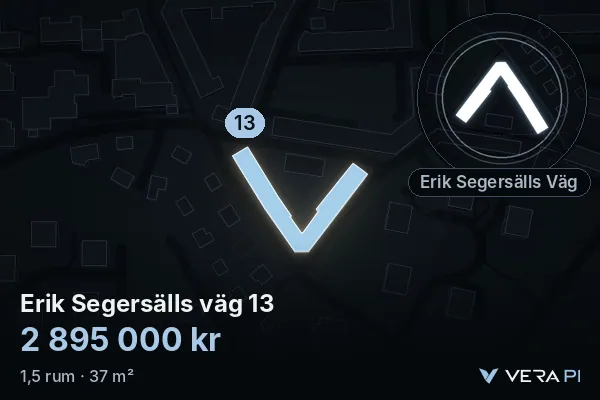 VERA PI:s bild av Erik Segersälls väg 13: huset i 3D, upplyst i blått, och kartan runt omkring
