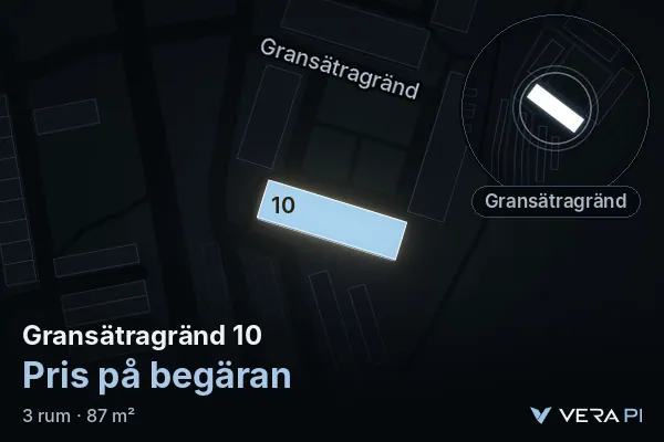 VERA PI's image of Gransätragränd 10: the building in 3D, lit in blue, and the map around it