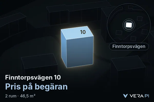 VERA PI's image of Finntorpsvägen 10: the building in 3D, lit in blue, and the map around it