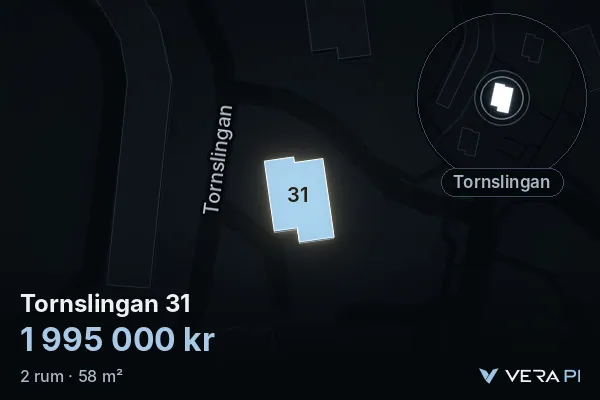 VERA PI:s bild av Tornslingan 31: huset i 3D, upplyst i blått, och kartan runt omkring