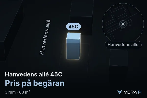 VERA PI's image of Hanvedens allé 45C: the building in 3D, lit in blue, and the map around it