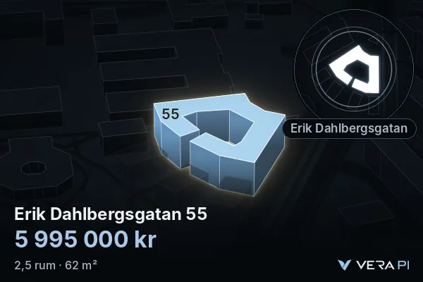 VERA PI's image of Erik Dahlbergsgatan 55: the building in 3D, lit in blue, and the map around it