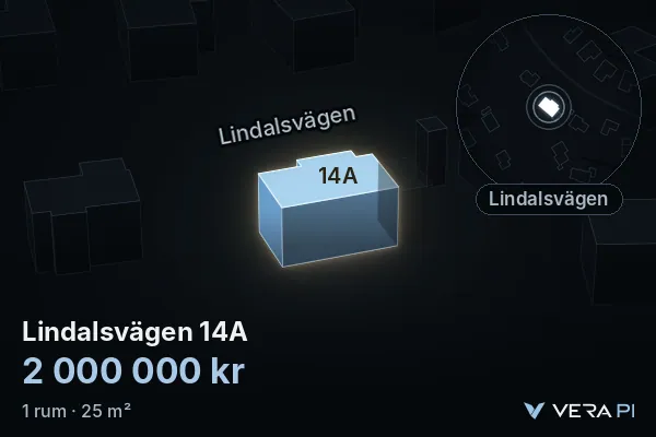 VERA PI:s bild av Lindalsvägen 14A: huset i 3D, upplyst i blått, och kartan runt omkring