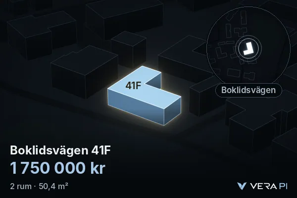 VERA PI's image of Boklidsvägen 41F: the building in 3D, lit in blue, and the map around it