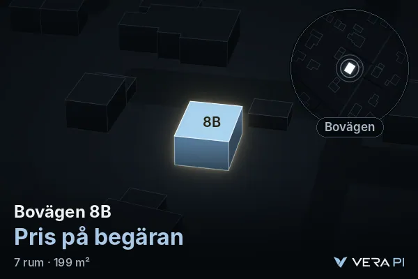 VERA PI's image of Bovägen 8B: the building in 3D, lit in blue, and the map around it