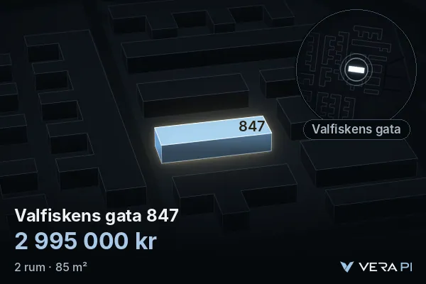 VERA PI:s bild av Valfiskens gata 847: huset i 3D, upplyst i blått, och kartan runt omkring