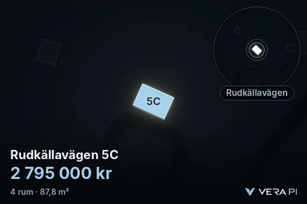 VERA PI's image of Rudkällavägen 5C: the building in 3D, lit in blue, and the map around it