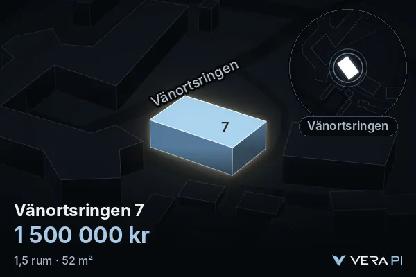 VERA PI's image of Vänortsringen 7: the building in 3D, lit in blue, and the map around it