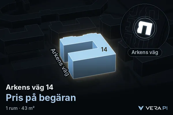 VERA PI:s bild av Arkens väg 14: huset i 3D, upplyst i blått, och kartan runt omkring