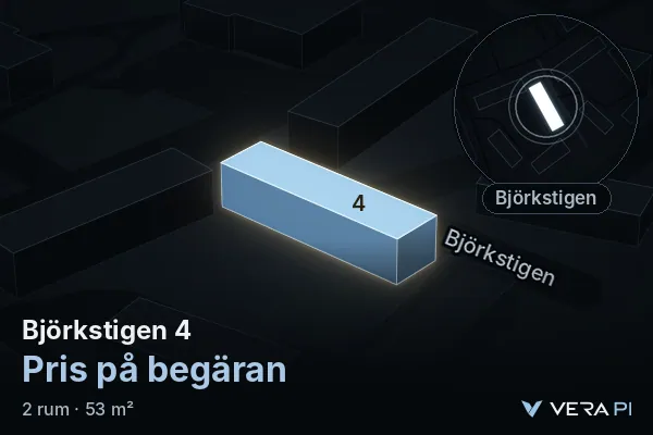 VERA PI:s bild av Björkstigen 4: huset i 3D, upplyst i blått, och kartan runt omkring