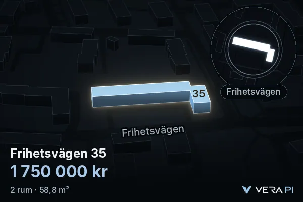 VERA PI's image of Frihetsvägen 35: the building in 3D, lit in blue, and the map around it