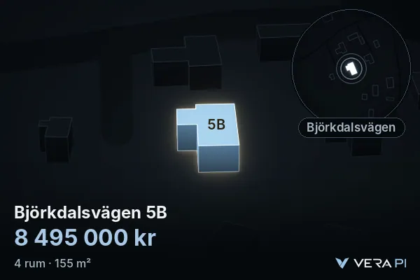 VERA PI:s bild av Björkdalsvägen 5B: huset i 3D, upplyst i blått, och kartan runt omkring