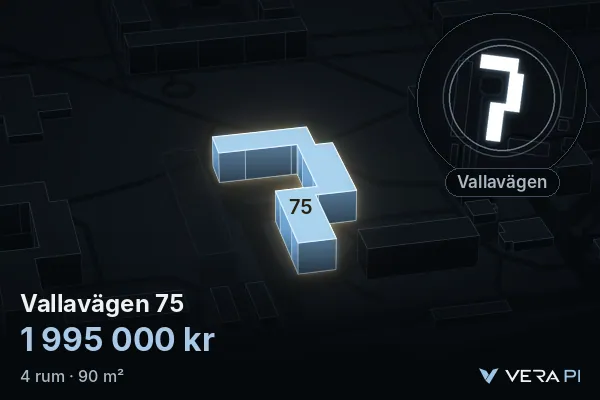 VERA PI:s bild av Vallavägen 75: huset i 3D, upplyst i blått, och kartan runt omkring