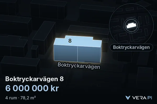 VERA PI:s bild av Boktryckarvägen 8: huset i 3D, upplyst i blått, och kartan runt omkring