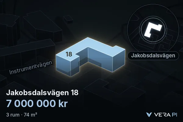 VERA PI's image of Jakobsdalsvägen 18: the building in 3D, lit in blue, and the map around it