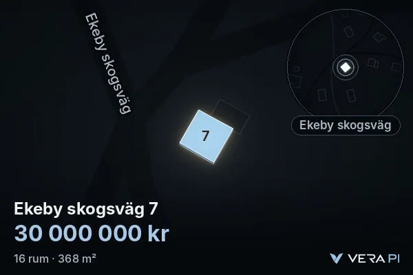 VERA PI's image of Ekeby skogsväg 7: the building in 3D, lit in blue, and the map around it
