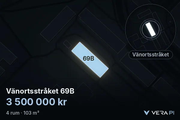 VERA PI's image of Vänortsstråket 69B: the building in 3D, lit in blue, and the map around it