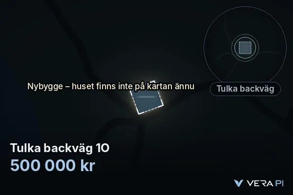VERA PI's image of Tulka backväg 1O: the building in 3D, lit in blue, and the map around it