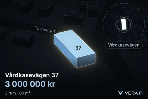 VERA PI:s bild av Vårdkasevägen 37: huset i 3D, upplyst i blått, och kartan runt omkring
