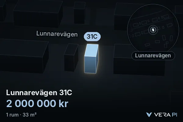 VERA PI:s bild av Lunnarevägen 31C: huset i 3D, upplyst i blått, och kartan runt omkring
