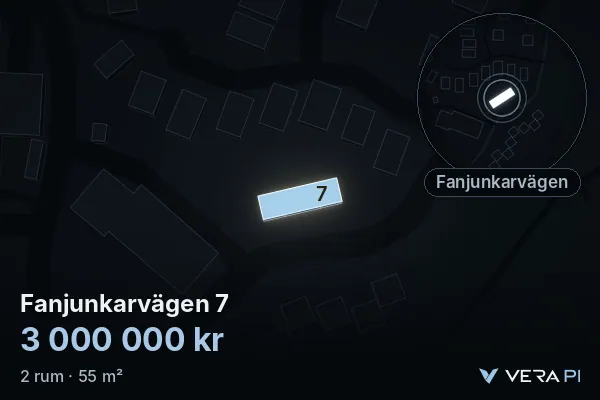 VERA PI's image of Fanjunkarvägen 7: the building in 3D, lit in blue, and the map around it