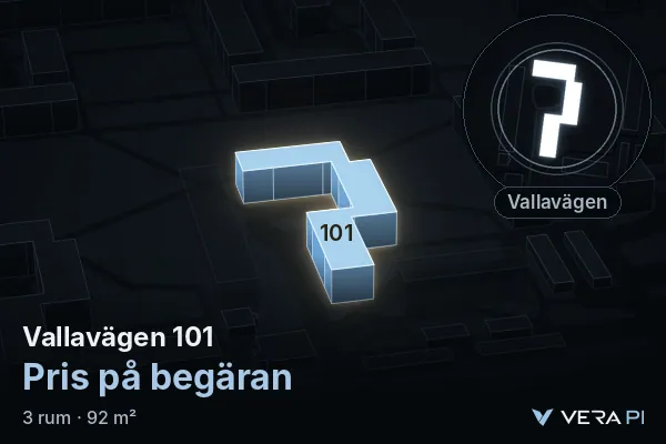 VERA PI:s bild av Vallavägen 101: huset i 3D, upplyst i blått, och kartan runt omkring