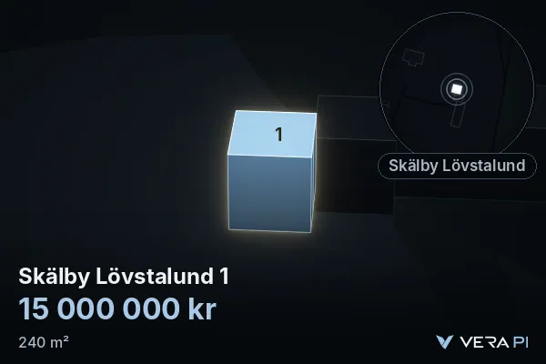 VERA PI:s bild av Skälby Lövstalund 1: huset i 3D, upplyst i blått, och kartan runt omkring