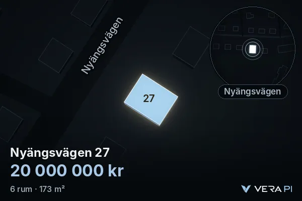 VERA PI's image of Nyängsvägen 27: the building in 3D, lit in blue, and the map around it
