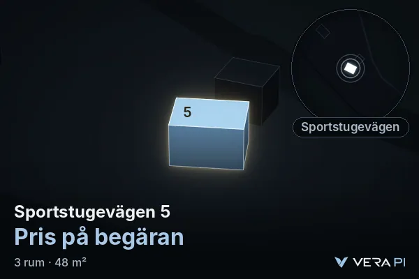 VERA PI:s bild av Sportstugevägen 5: huset i 3D, upplyst i blått, och kartan runt omkring