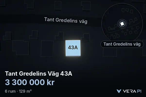 VERA PI's image of Tant Gredelins Väg 43A: the building in 3D, lit in blue, and the map around it