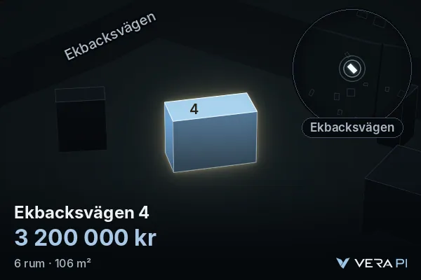 VERA PI:s bild av Ekbacksvägen 4: huset i 3D, upplyst i blått, och kartan runt omkring