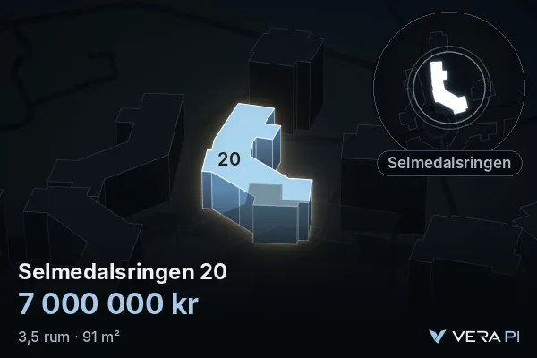 VERA PI:s bild av Selmedalsringen 20: huset i 3D, upplyst i blått, och kartan runt omkring