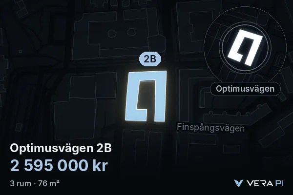 VERA PI:s bild av Optimusvägen 2B: huset i 3D, upplyst i blått, och kartan runt omkring