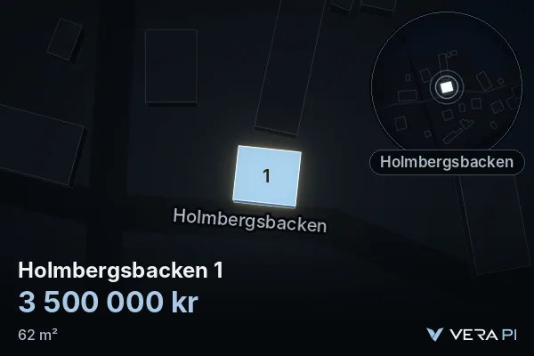VERA PI:s bild av Holmbergsbacken 1: huset i 3D, upplyst i blått, och kartan runt omkring