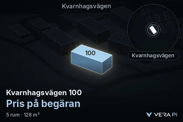 VERA PI's image of Kvarnhagsvägen 100: the building in 3D, lit in blue, and the map around it