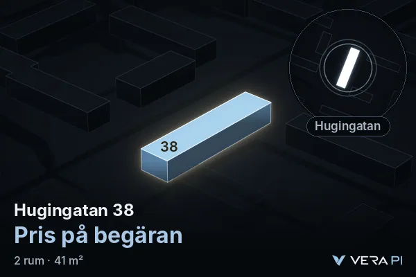 VERA PI's image of Hugingatan 38: the building in 3D, lit in blue, and the map around it
