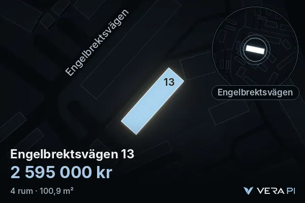VERA PI's image of Engelbrektsvägen 13: the building in 3D, lit in blue, and the map around it