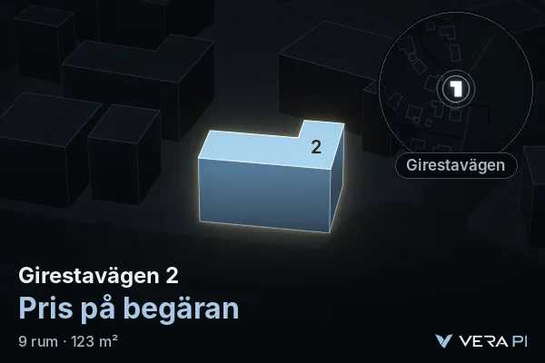 VERA PI:s bild av Girestavägen 2: huset i 3D, upplyst i blått, och kartan runt omkring