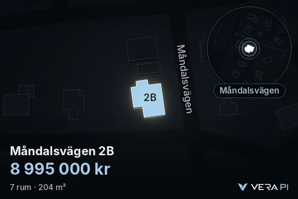 VERA PI's image of Måndalsvägen 2B: the building in 3D, lit in blue, and the map around it