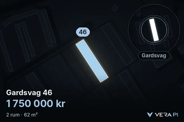 VERA PI's image of Gardsvag 46: the building in 3D, lit in blue, and the map around it