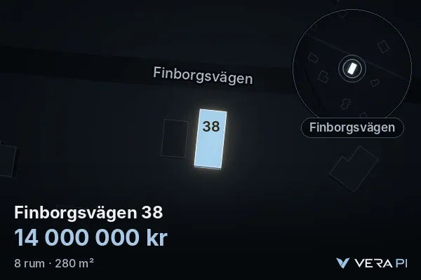 VERA PI's image of Finborgsvägen 38: the building in 3D, lit in blue, and the map around it